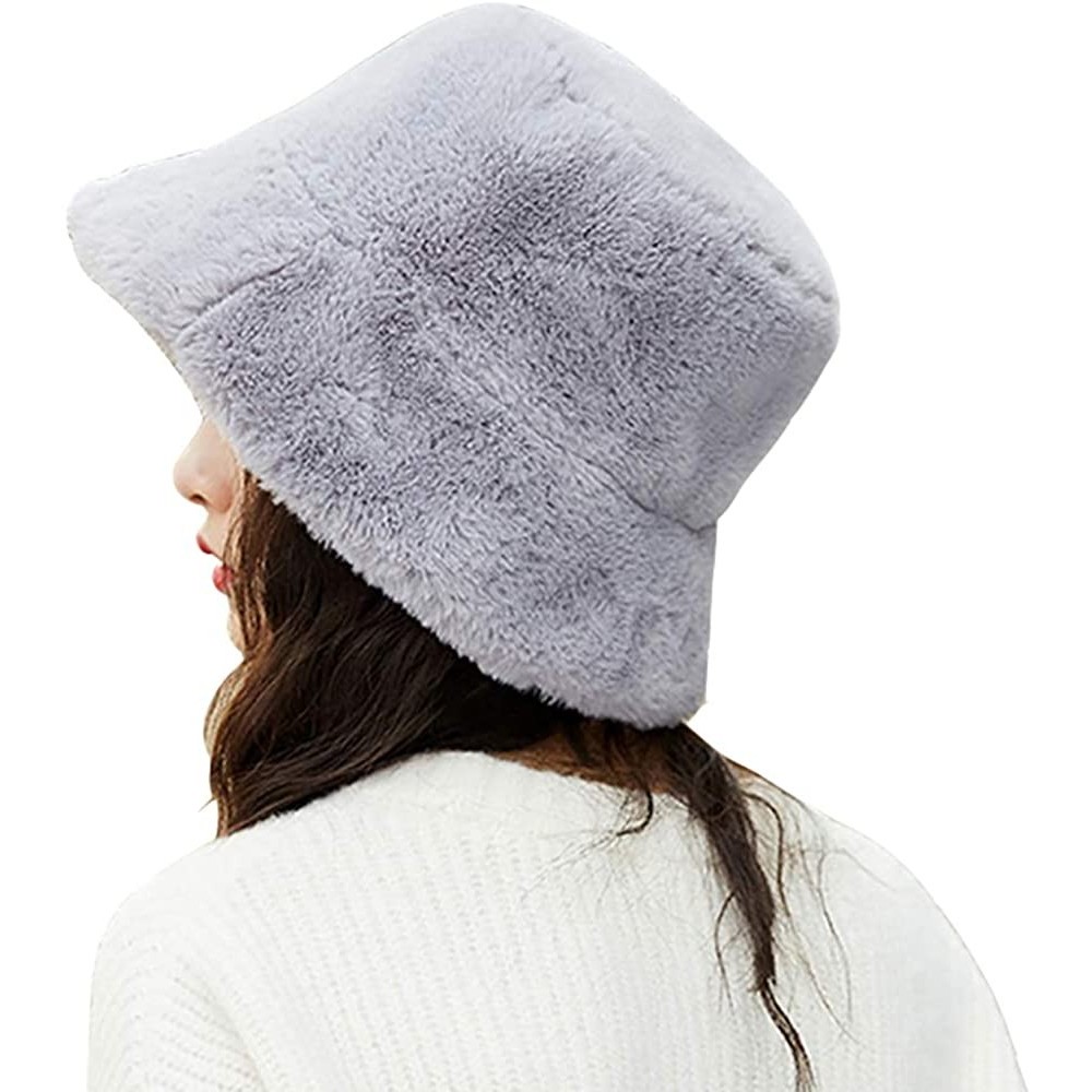 Bucket Hats Women Faux Fur Bucket Cap Bush Hat Wide Brim Fluffy Winter Vintage Super Soft Hat - Grey - CJ192SZEZC7 $15.96