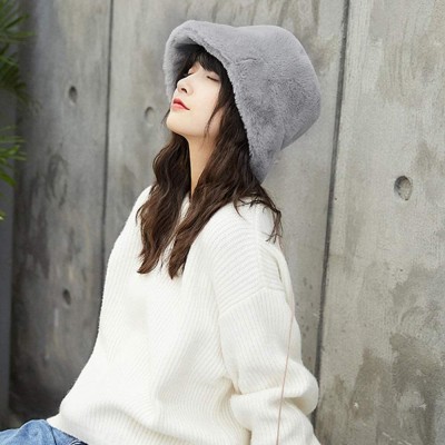 Bucket Hats Women Faux Fur Bucket Cap Bush Hat Wide Brim Fluffy Winter Vintage Super Soft Hat - Grey - CJ192SZEZC7 $15.96