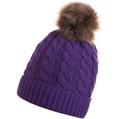 Skullies & Beanies Women's Winter Ribbed Knit Faux Fur Pompoms Chunky Lined Beanie Hats - Purple - CX18XZ5ZRGR $7.82