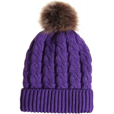 Skullies & Beanies Women's Winter Ribbed Knit Faux Fur Pompoms Chunky Lined Beanie Hats - Purple - CX18XZ5ZRGR $7.82