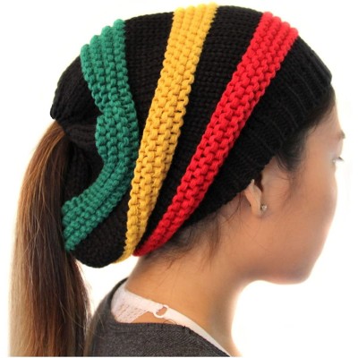 Skullies & Beanies Ponytail Ribbed Stretch Slouchy Beanie Hat - Black/Rasta - CM185CH2A2N $13.72