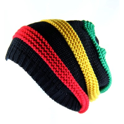 Skullies & Beanies Ponytail Ribbed Stretch Slouchy Beanie Hat - Black/Rasta - CM185CH2A2N $13.72