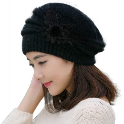 Berets Women Winter Warm Cap Knit Hat Beret Wool Snow Ski Caps Visor - Black - C518M4XT9HU $20.60