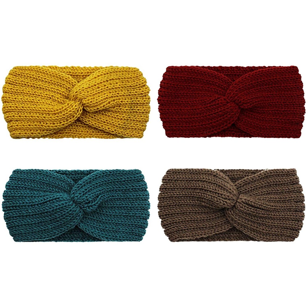 Headbands Crochet Turban Headband for Women Warm Bulky Crocheted Headwrap - 4 Pack Cross B - Firebrick-Yellow-Green-Brown - C...