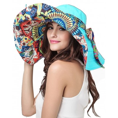 Sun Hats Women Large Brim Bucket Hats Anti-UV Foldable Beach Travel Flat Sun Hat Cap Topee - Blue - C812O6MNHWL $16.97