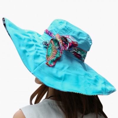 Sun Hats Women Large Brim Bucket Hats Anti-UV Foldable Beach Travel Flat Sun Hat Cap Topee - Blue - C812O6MNHWL $16.97