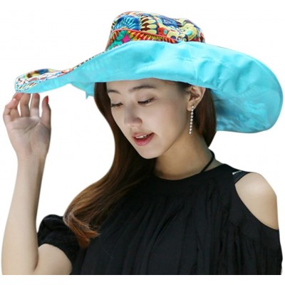 Sun Hats Women Large Brim Bucket Hats Anti-UV Foldable Beach Travel Flat Sun Hat Cap Topee - Blue - C812O6MNHWL $16.97