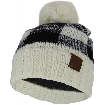 Cold Weather Headbands Buffalo Checkered Pom Cuff Winter Mohair Knit Beanie - Ivory Black - C918ITT502C $21.67