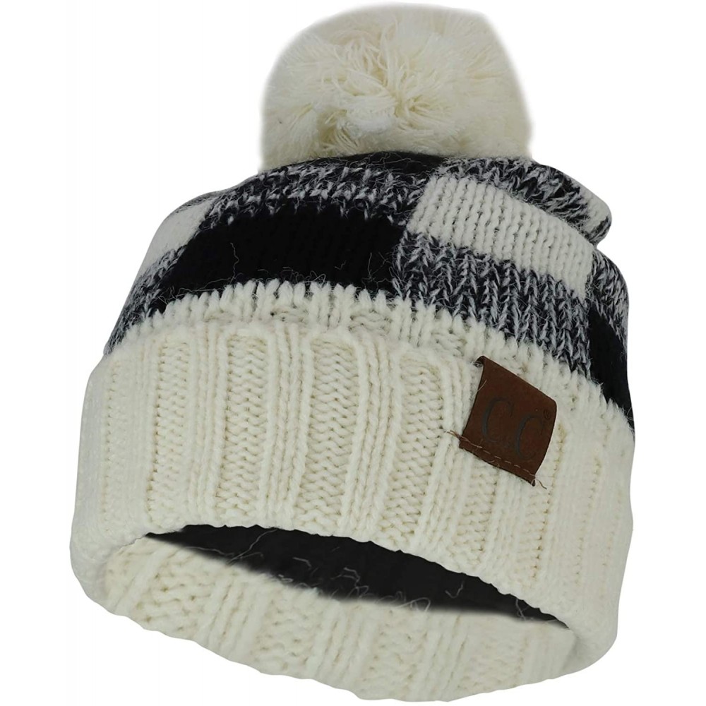 Cold Weather Headbands Buffalo Checkered Pom Cuff Winter Mohair Knit Beanie - Ivory Black - C918ITT502C $21.67