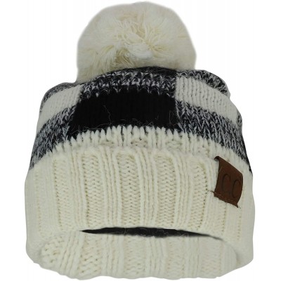 Cold Weather Headbands Buffalo Checkered Pom Cuff Winter Mohair Knit Beanie - Ivory Black - C918ITT502C $21.67