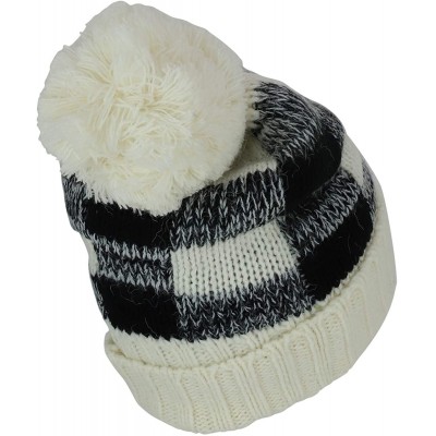 Cold Weather Headbands Buffalo Checkered Pom Cuff Winter Mohair Knit Beanie - Ivory Black - C918ITT502C $21.67