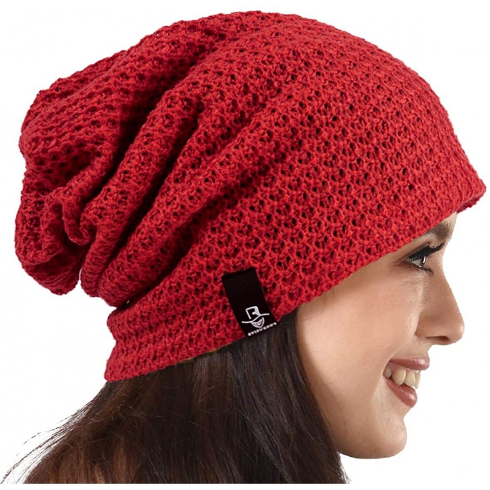 Berets Women's Knit Slouchy Beanie Baggy Skull Cap Turban Winter Summer Beret Hat - Solid Red - CV18UEXS7NG $21.64