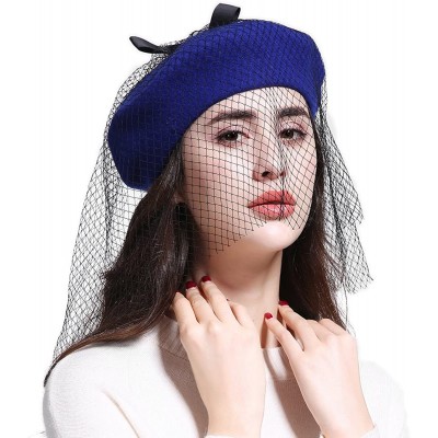 Berets Women's Franch Inspired Wool Felt Beret Hat with Veil Cocktail Hat - Bow-royal Blue - CF187QGIW80 $27.12