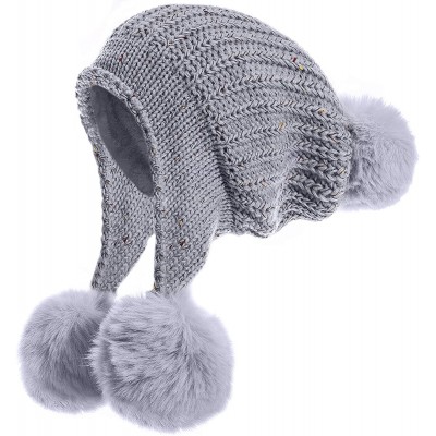 Skullies & Beanies Women's Thick Winter Ski Hat Peruvian Knitted Lined Pompom Beanie Earflap Snow Cap - Gray Sprinkle - CN195...