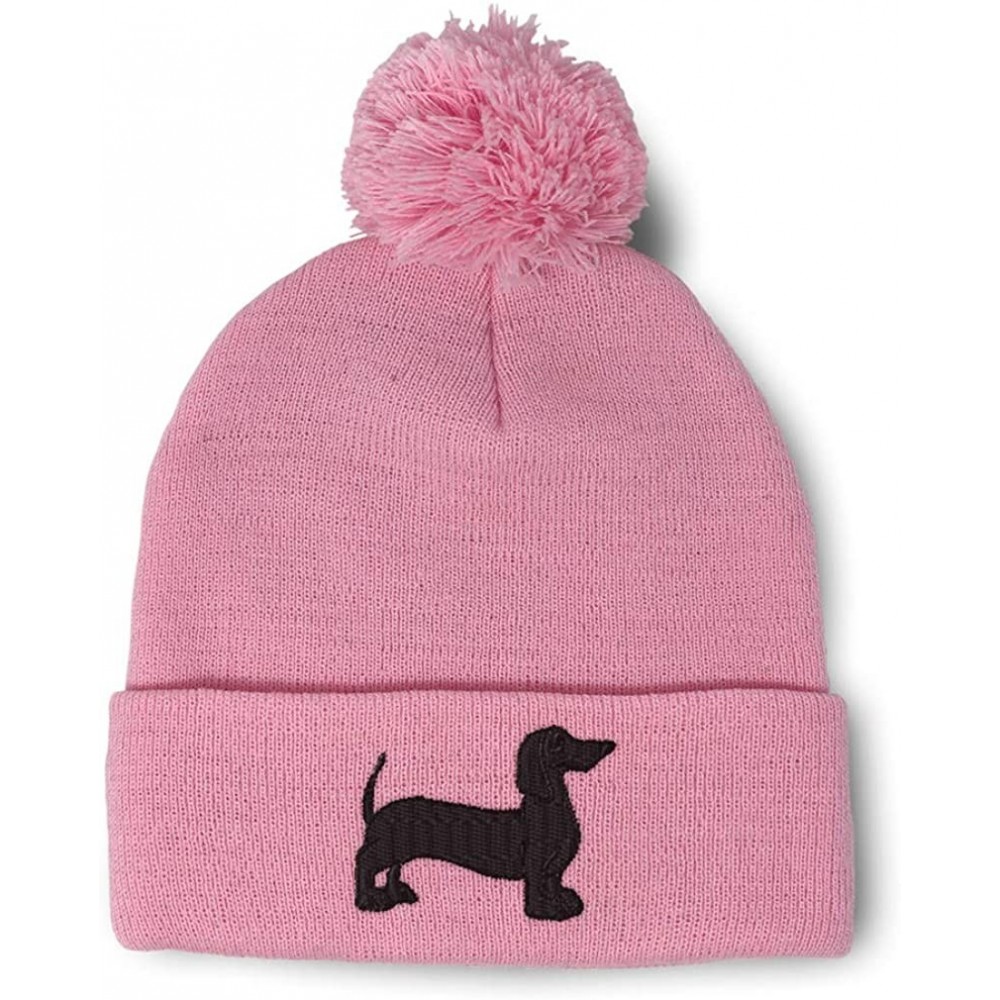 Skullies & Beanies Custom Pom Pom Beanie Dachshund Dog Black Silhouette Embroidery Acrylic - Soft Pink - C218A3IGSKR $10.46