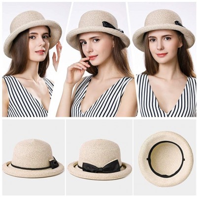 Fedoras Womens Wide Roll Up Brim Packable Straw Sun Cloche Hat Fedora Summer Beach 55-58cm - Beige_99037 - CL18D9GTUK0 $21.83