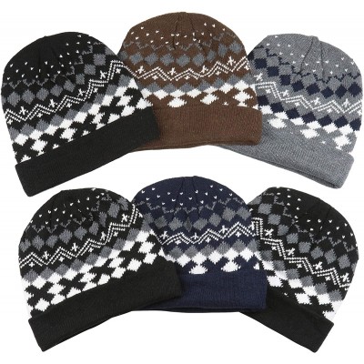 Skullies & Beanies Men's Pack of 6 Double Layered Winter Warm Basic Beanies - Diamond Print - CP18L5K77IL $13.95