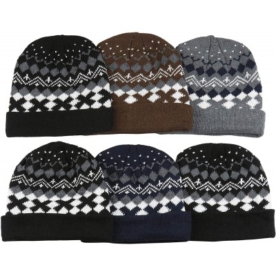 Skullies & Beanies Men's Pack of 6 Double Layered Winter Warm Basic Beanies - Diamond Print - CP18L5K77IL $13.95