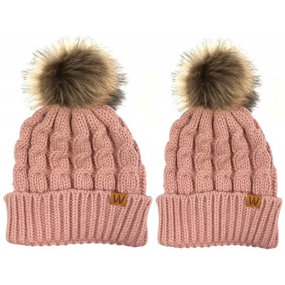 Skullies & Beanies Mommy & Me Mother Child Winter Warm Soft Knit Beanie with Pom Pom - Mommy & Me Pink Beanie - C0180K89L7E $...