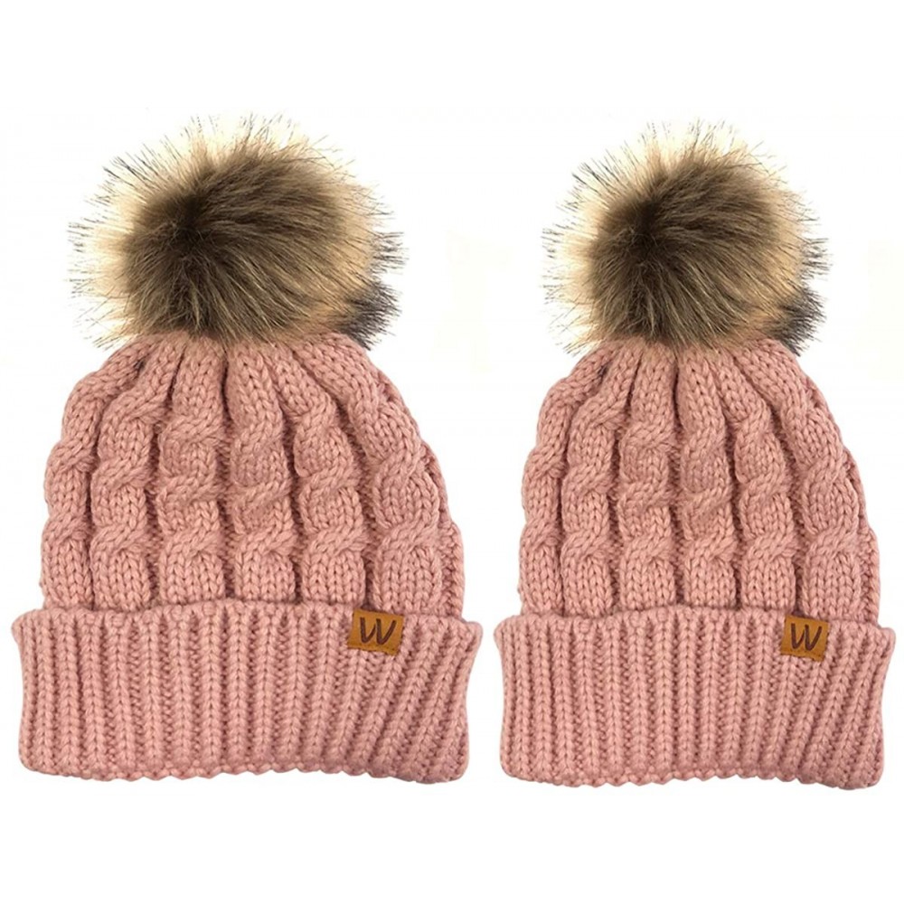 Skullies & Beanies Mommy & Me Mother Child Winter Warm Soft Knit Beanie with Pom Pom - Mommy & Me Pink Beanie - C0180K89L7E $...