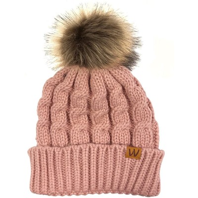 Skullies & Beanies Mommy & Me Mother Child Winter Warm Soft Knit Beanie with Pom Pom - Mommy & Me Pink Beanie - C0180K89L7E $...