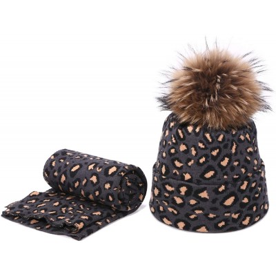 Skullies & Beanies Leopard Print Beanie Hat Scarf Set Winter Double Beanies Hats for Women Elasticity Warm Scarves Pompom Hat...