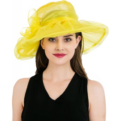 Sun Hats Women's Colorful Organza Kentucky Wide Brim Bow Derby Sun Hat - Yellow - C212GSWKQEP $10.47