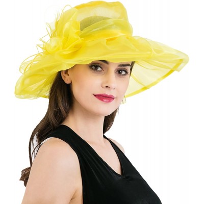 Sun Hats Women's Colorful Organza Kentucky Wide Brim Bow Derby Sun Hat - Yellow - C212GSWKQEP $10.47