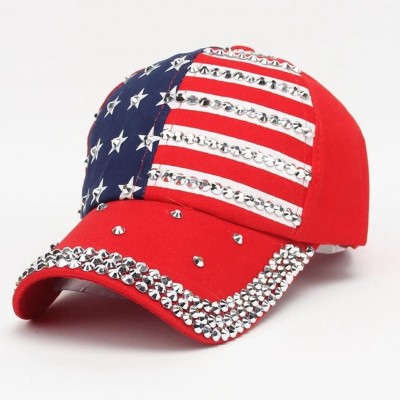 Skullies & Beanies Baseball caps chaofanjiancai American Flag Hats Women Men Summer Rhinestone Snapback Adjustable - Red - CQ...