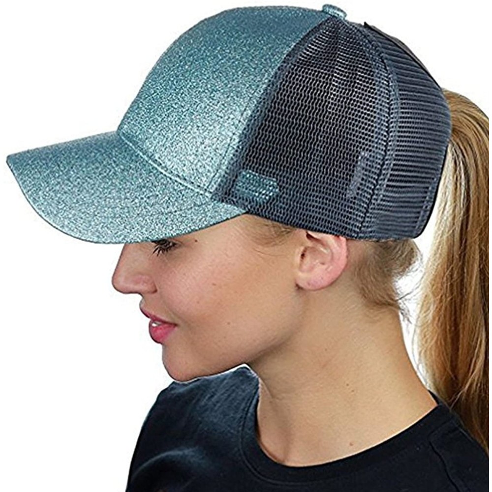 Skullies & Beanies Ponytail Cap Messy Trucker Adjustable Visor Baseball Cap Hat Unisex - Glitter Light Blue - CV18EYL06X4 $15.68