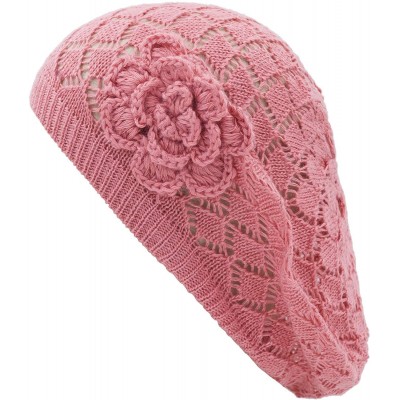 Berets Womens Crochet Flower Beanie Hats Lightweight Cutout Knit Beret Fashion Cap - Peach Diamond - CD12LCQ7PQ9 $9.59