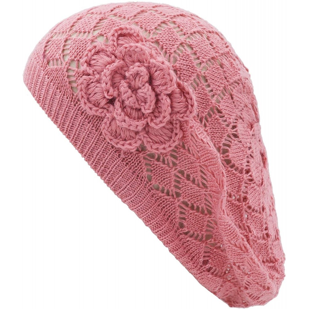 Berets Womens Crochet Flower Beanie Hats Lightweight Cutout Knit Beret Fashion Cap - Peach Diamond - CD12LCQ7PQ9 $9.59