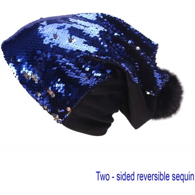 Skullies & Beanies Sparkly Double Sided Sequin Slouchy Beanie for Winter- Cozy and Oversized with Faux Fur Pom Pom - Blue - C...