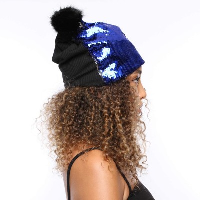 Skullies & Beanies Sparkly Double Sided Sequin Slouchy Beanie for Winter- Cozy and Oversized with Faux Fur Pom Pom - Blue - C...