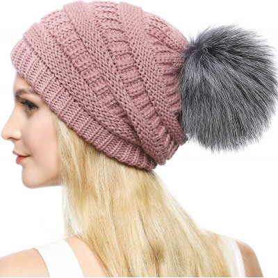 Skullies & Beanies Womens Girls Winter Knitted Slouchy Beanie Hat with Real Large Silver Fox Fur Pom Pom Hats - Slcouh Light ...