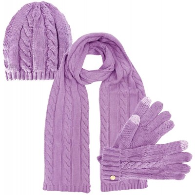 Skullies & Beanies Cable Knit 3 Piece Beanie Hat Texting Gloves & Matching Scarf Set - Purple - CW18DXZEN9S $17.90