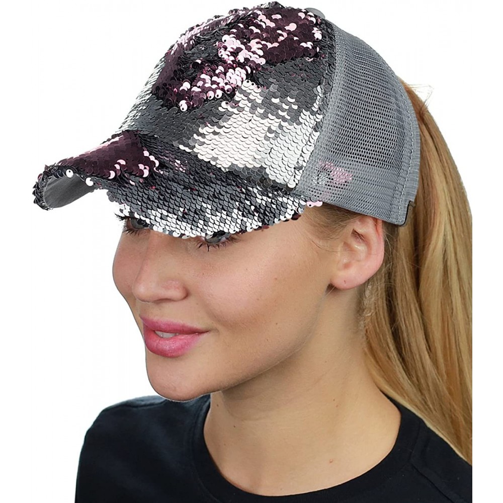 Baseball Caps Ponycap Messy Bun Ponytail Reversible Magic Sequin Adjustable Baseball Cap - Silver/Rose - C218CIZSKE2 $15.01