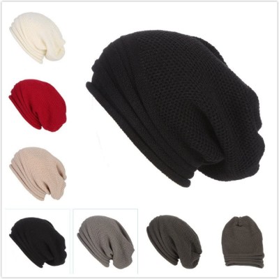 Skullies & Beanies Unisex Knit Slouchy Beanie Chunky Baggy Hat Warm Skull Ski Cap Faux Fur Pompom Hats for Women Men - B-whit...