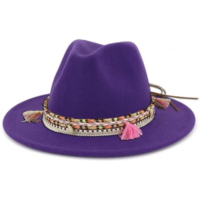 Fedoras Women's Felt Fedora Hat Wide Brim Panama Hats with Tassel - Purple - CV196AZSL5W $13.44