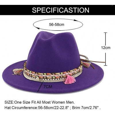 Fedoras Women's Felt Fedora Hat Wide Brim Panama Hats with Tassel - Purple - CV196AZSL5W $13.44
