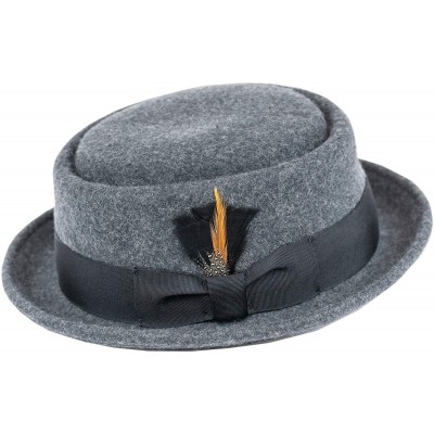 Fedoras Men's Crush-able Wool Felt Porkpie Pork Pie Fedora Hats with Feather DTHE09 - Charcoal Gray - C912IEZKR9N $20.02