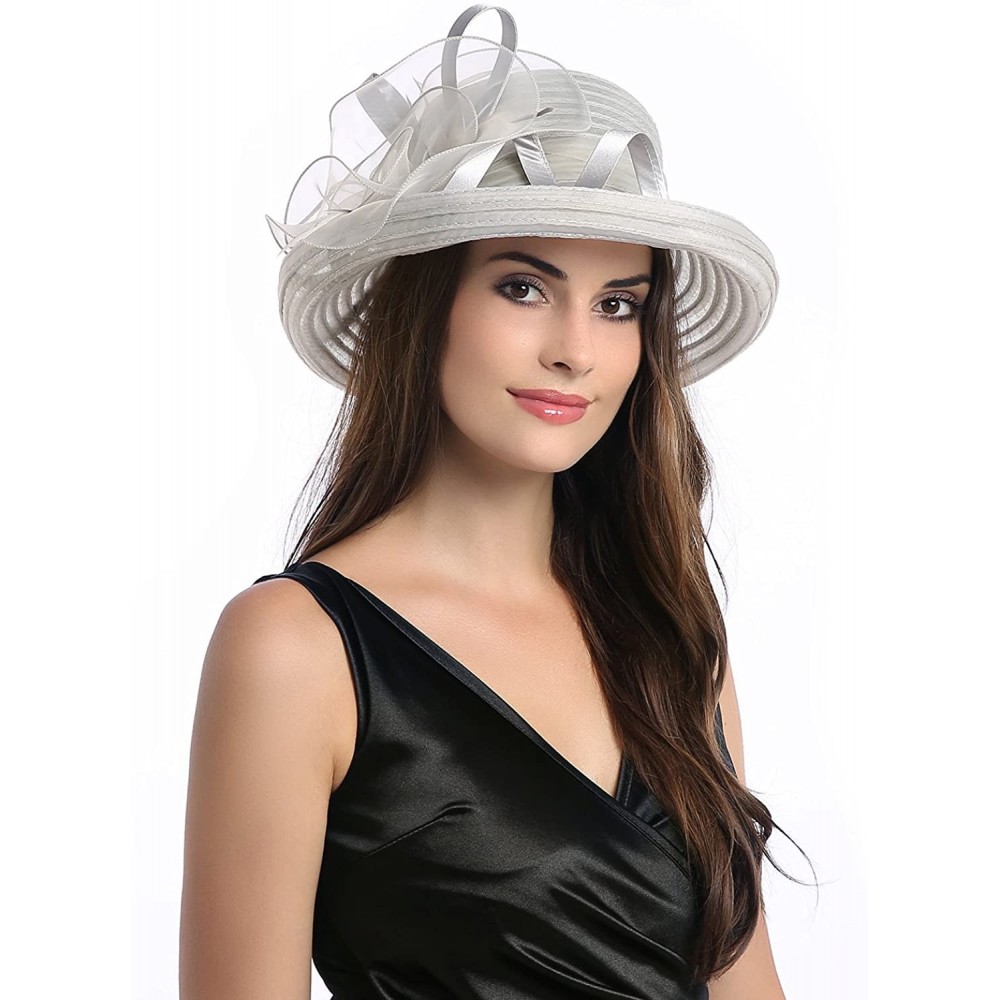 Sun Hats Lady's Organza Wide Brim Bowler Hat Kentucky Derby Church Dress Sun Hat - Grey - C218GL06LA7 $18.63