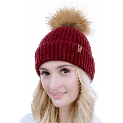 Skullies & Beanies Winter Beanie Hats Cute Pom Pom Hat Knit Hat Soft Warm Ski Caps for Women、Girl - Wine - CU18TH360WE $7.05