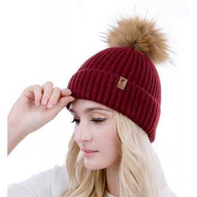 Skullies & Beanies Winter Beanie Hats Cute Pom Pom Hat Knit Hat Soft Warm Ski Caps for Women、Girl - Wine - CU18TH360WE $7.05