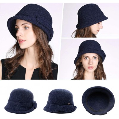 Bucket Hats Womens 1920s Vintage Wool Felt Cloche Bucket Bowler Hat Winter Crushable - 00767_navyblue - C118AN0W88T $25.61
