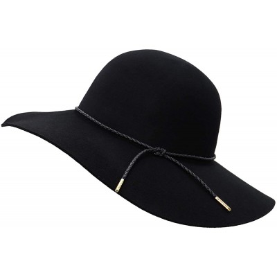 Fedoras Women's Wide Brim Wool Ribbon Band Floppy Hat - Braided Band_black - C818A8ETLK5 $26.44