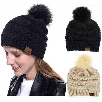 Skullies & Beanies Women Pompom Beanie 2 Pack- Knit Ski Cap Winter Chunky Baggy Hat with Faux Fur Bobble (Black + Ivory) - CJ...
