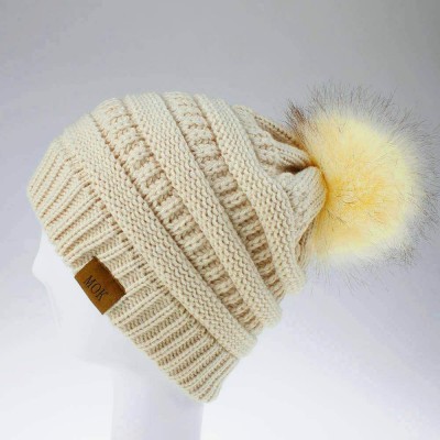 Skullies & Beanies Women Pompom Beanie 2 Pack- Knit Ski Cap Winter Chunky Baggy Hat with Faux Fur Bobble (Black + Ivory) - CJ...