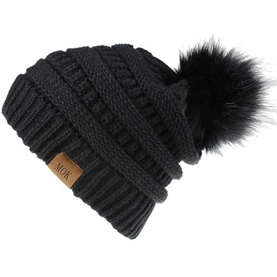 Skullies & Beanies Women Pompom Beanie 2 Pack- Knit Ski Cap Winter Chunky Baggy Hat with Faux Fur Bobble (Black + Ivory) - CJ...