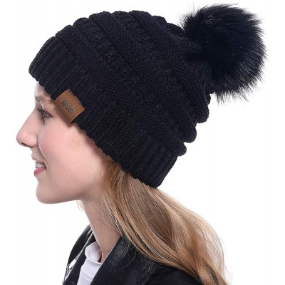 Skullies & Beanies Women Pompom Beanie 2 Pack- Knit Ski Cap Winter Chunky Baggy Hat with Faux Fur Bobble (Black + Ivory) - CJ...